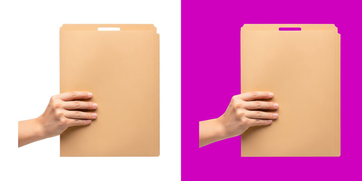 A hand holding a brown cardboard document folder mockup for office work designs transparent png