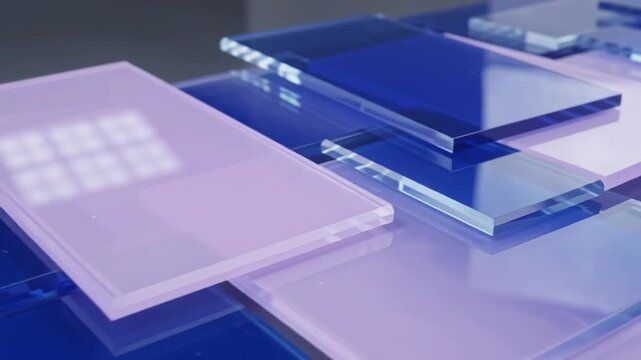 Abstract composition of overlapping rectangular glass plates in shades of blue and light purple with reflective surfaces and clean edges