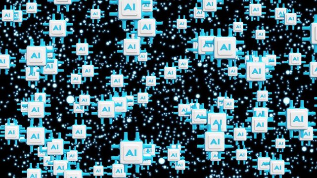 Floating artificial intelligence microchip processors with glowing digital particles