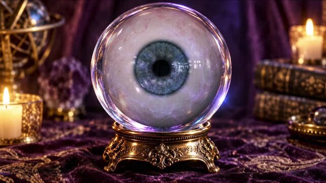 A realistic eye moves inside a glowing crystal ball while candlelight flickers in a mystical setting. Loopable Halloween video for magic, prophecy and supernatural concepts.