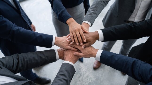 Diverse business professionals stacking hands together in a corporate office