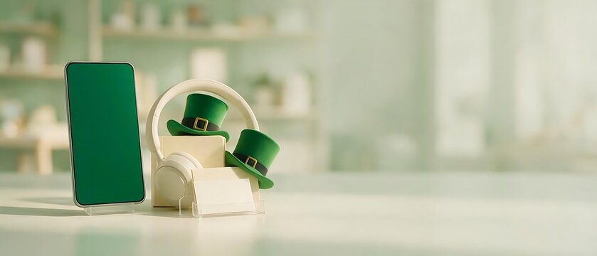 Smartphone with green screen and leprechaun hats for St. Patrick's Day holiday marketing banner