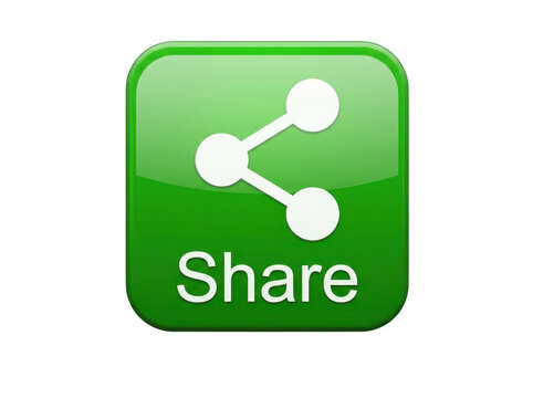 Green glossy square share icon button isolated on transparent background
