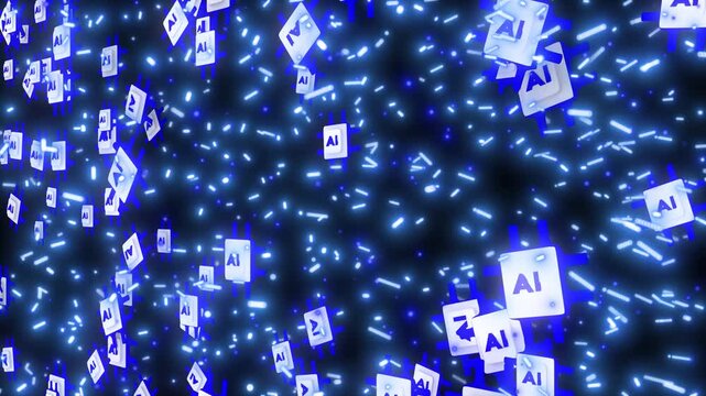 Artificial intelligence chips flying through a stream of dynamic glowing particles