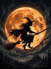 Fototapeta premium Witch flying on a broomstick before an enormous full moon. Halloween fantasy illustration with bats and a haunted castle. Spooky folklore, magic and supernatural celebration.