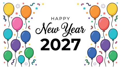 New Year 2027 celebration with colorful balloons and confetti on a white background representing festive greetings © Craft Designer