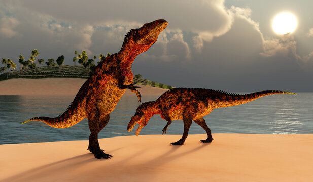 Acrocanthosaurus on the Beach - Acrocanthosaurus was a theropod carnivorous dinosaur that lived in North America during the Cretaceous Period.