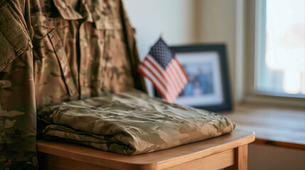 Naklejka premium Folded US Military Camouflage Uniform on Chair with Small American Flag Background