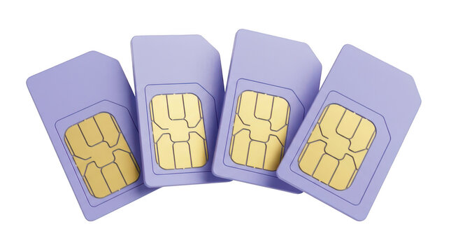 Four light purple sim cards arranged in a row isolated on transparent background