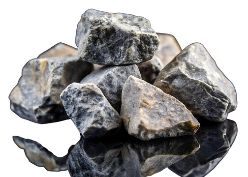 Gray rocks on black reflective surface stones pile of rocks