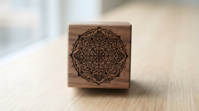 Small wooden block with detailed mandala engraving