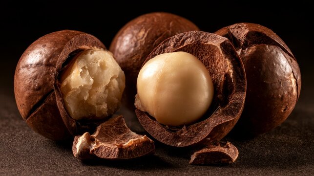Close-up of cracked macadamia nuts with smooth white kernels on a dark textured background