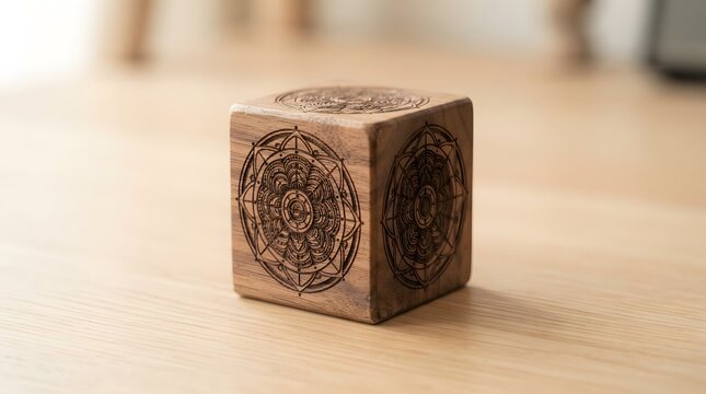 Wooden cube with intricate laser engraved mandala patterns