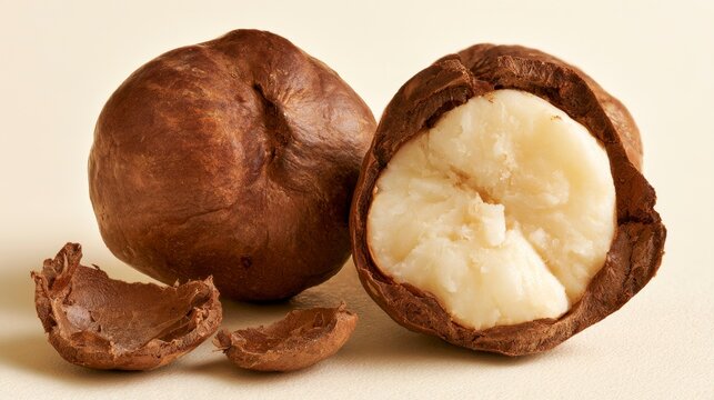 Close-up of raw macadamia nuts with one cracked open showing the creamy white kernel inside