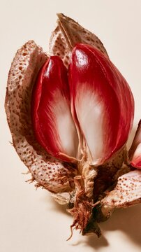 Macro shot of a split open magnolia seed pod revealing vibrant red seeds against a light background