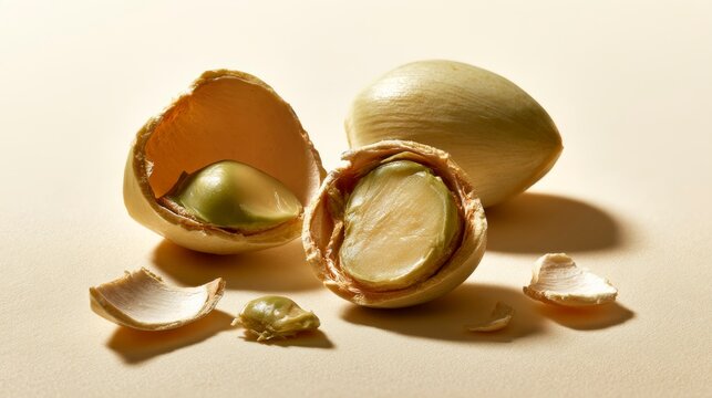 Fresh ginkgo biloba nuts with cracked shells arranged on a light neutral studio background