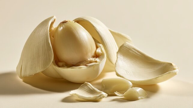 A single peeled garlic clove resting inside its papery white skin on a neutral beige background