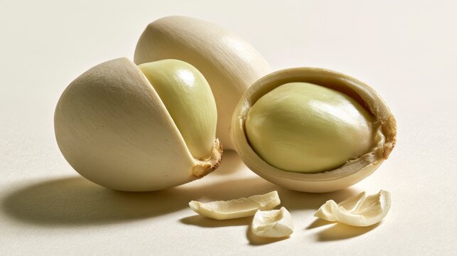 Fresh ginkgo biloba nuts with shells cracked open on a clean light beige studio background