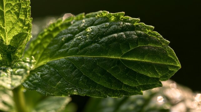 Macro shot of a fresh green mint leaf with morning dew drops glistening in soft sunlight