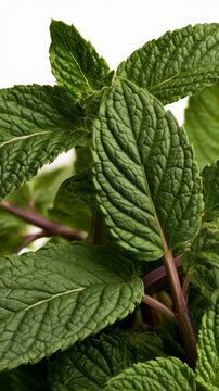 Fresh green peppermint leaves with purple stems isolated on a clean white background studio shot