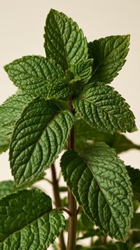 Fresh green mint leaves on a neutral background for culinary and herbal wellness concepts
