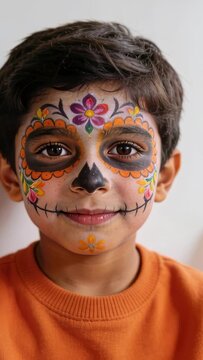 Vertical video: Sitting boy in orange sweater smiling at home as camera starts showing skull paint