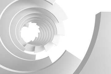 Fototapeta premium White spiral tunnel with concentric rings and geometric cutouts for abstract 3d render background and poster design