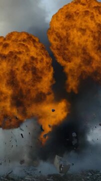 Video A massive rockfall occurs in the sky with a huge explosion of rocks and debris, creating a dramatic scene
