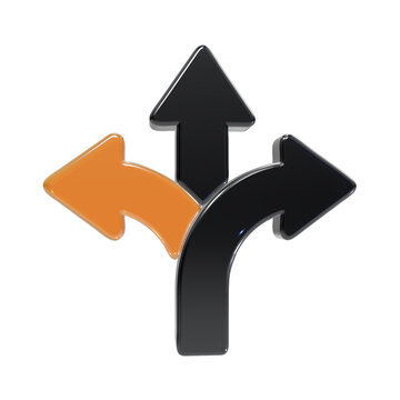 A3d glossy featuring three directional arrows, with one orange arrow pointing left and two black arrows pointing up and to the right side