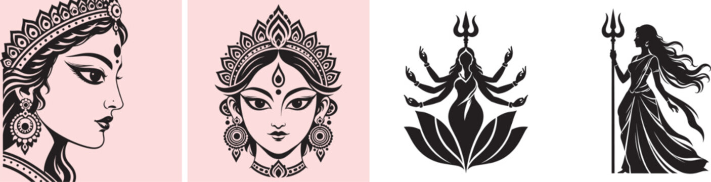 Set of goddess durga illustrations, including profile and frontal portraits, a multiarmed silhouette on a lotus, and a standing figure holding a trident