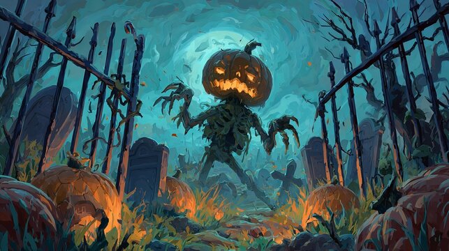 Jack-o'-lantern smiles mischievously beside a zombie figure among tombstones, creating a spooky Halloween night scene