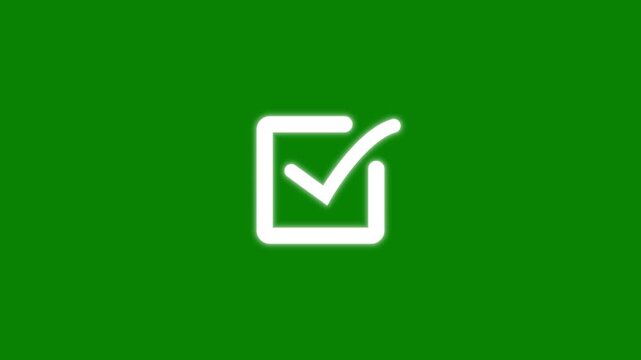White check mark icon animation for approval, verification, success and confirmation on green screen background