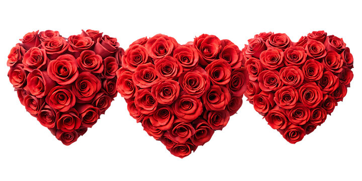Three hearts made of red roses on black background