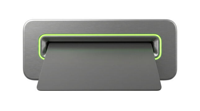 Modern ATM card slot with illuminated green LED light, metallic credit card insert reader for banking, financial technology device isolated PNG with Transparent Background