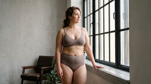 Woman in underwear standing beside a tall industrial window. Curvy body lingerie portrait. Body positivity and self acceptance. Inclusive fashion, body acceptance and wellness.