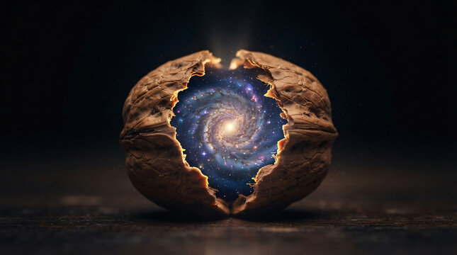 &bull; Opened walnut shell revealing a spiral galaxy and stars inside
