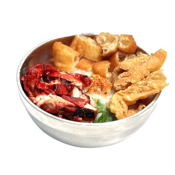 Front-view photo of charsiu chicken congee with a transparent background.