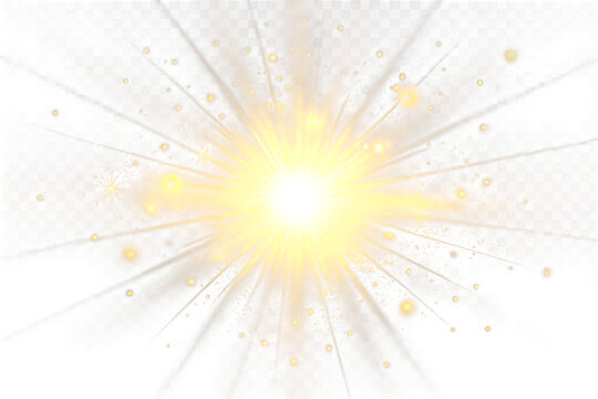 Yellow light burst with rays and sparks on black background