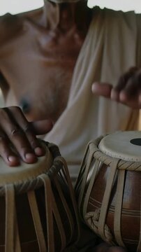 Vertical video: Playing barechest man cloth on left tapping tabla at porch first beat raising tempo