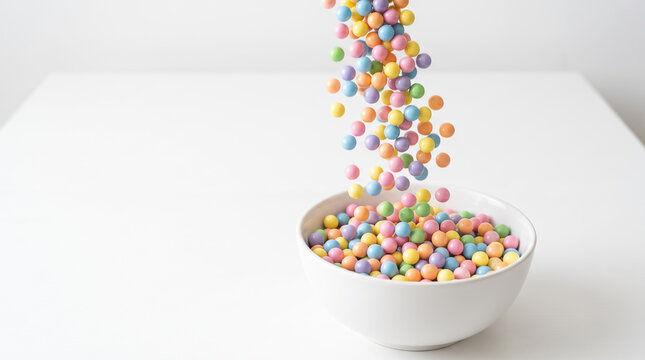 Colorful cereal balls raining down into a white bowl, creating a festive and playful scene