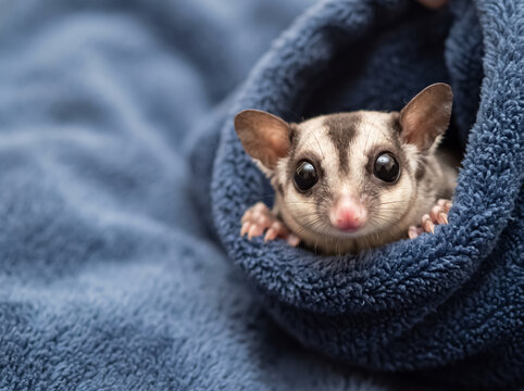A tiny sugar glider peeking out from a cozy blue blanket, its big, dark eyes full of curiosity. This small marsupial is known for its gliding ability and nocturnal nature