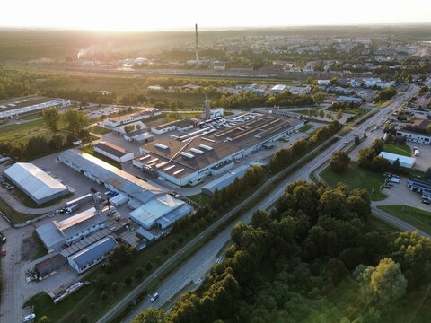 Aerial view of a large warehouse and logistics facility