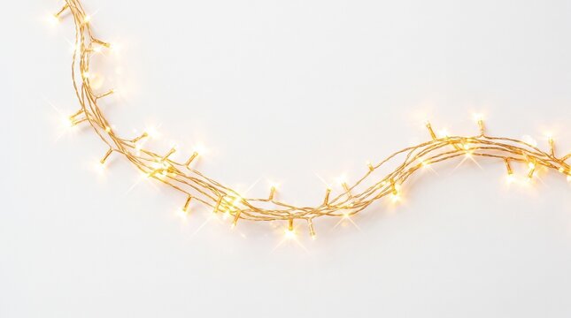 Elegant gold Christmas string lights against a white background