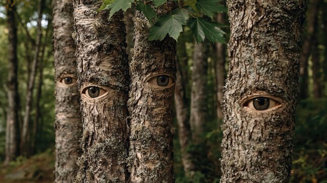 Human eye shapes embedded in the bark of birch trees
