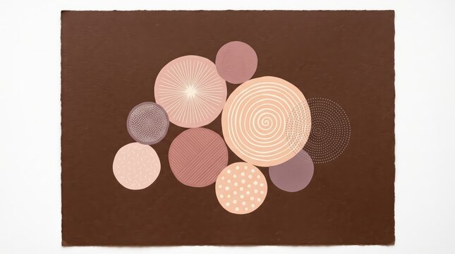 Abstract geometric circles in pastel colors on textured brown paper. Modern minimalist wall art and contemporary graphic design.