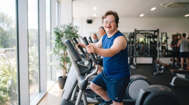 Man with Down syndrome working out on an elliptical trainer in a gym