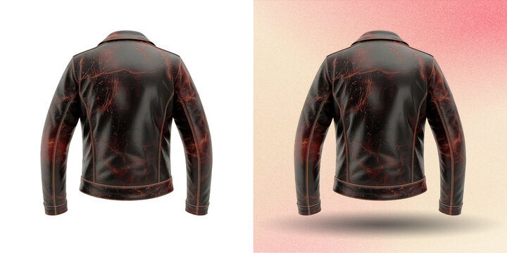 Aged leather jacket back view for fashion apparel and retail presentations.