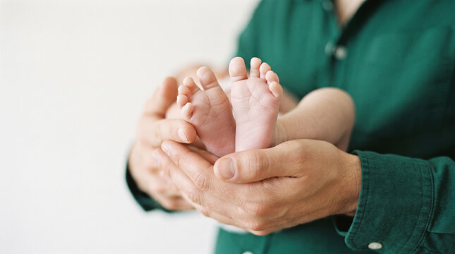 Father holding a newborn baby's tiny feet in his hands