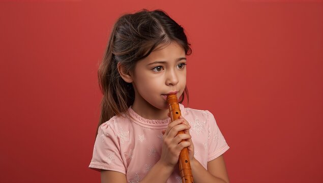 Adorable Little Girl Playing Wooden Flute Isolated on Red Background - Music Education Concept
