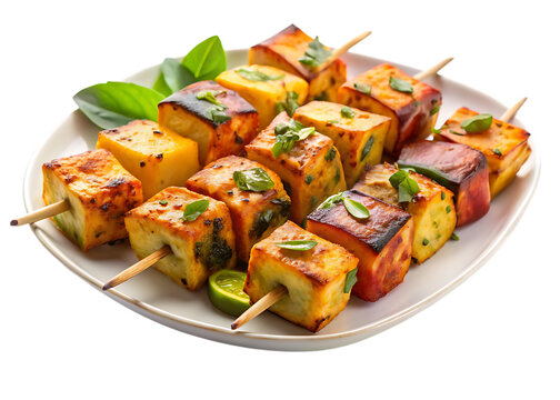 Grilled Paneer Skewers on White Plate with Herbs